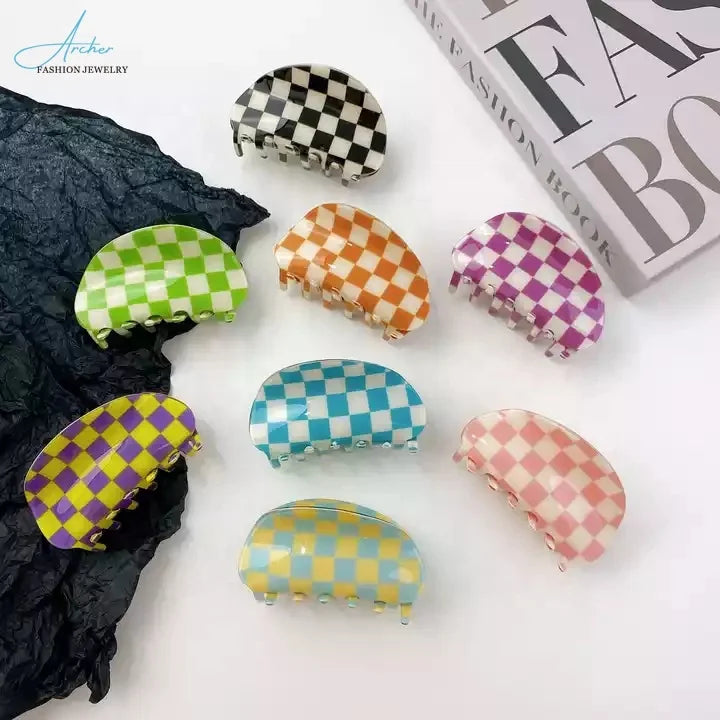Wholesale Korean Style Acetate Hair Claw Clips Black and White Plaid Checkered Pattern for Women and Girls