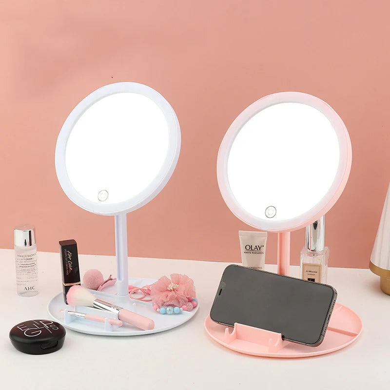 Desktop LED Makeup Mirror Smart USB Charging Vanity Mirror with Light Adjustable Table Cosmetic Mirror