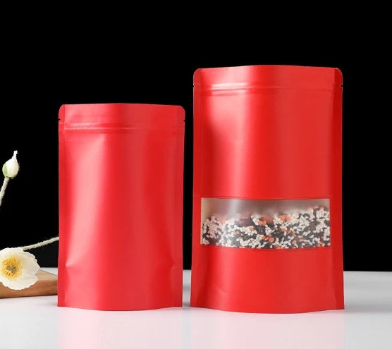 Red Kraft Paper Bag Smell Proof Ziplock Red Kraft Paper Stand up Pouch Food Packaging Kraft Bags with Window