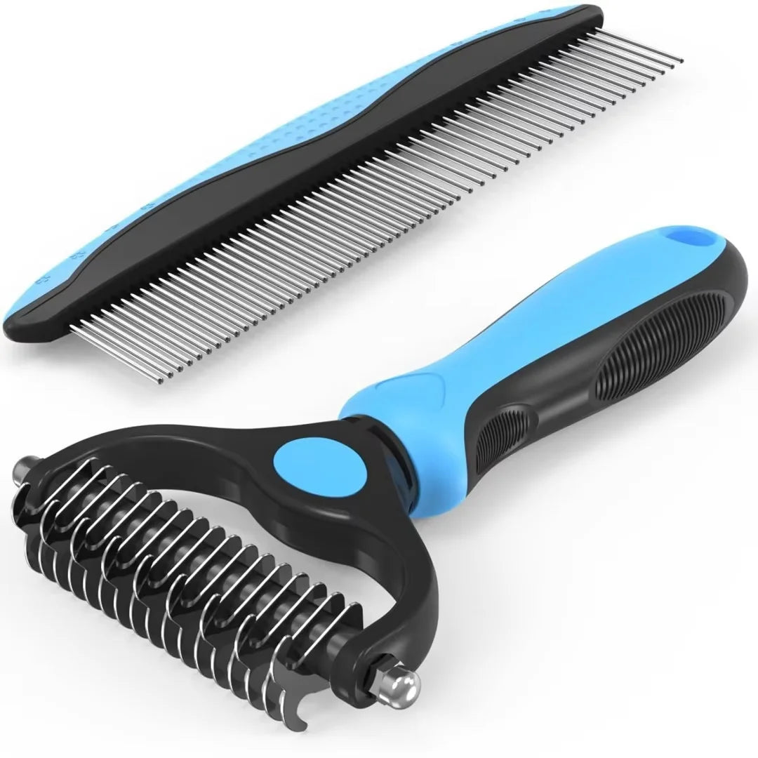 Double-Sided Stainless Steel Plastic Safe Pain-Free Professional Deshedding Dematting Undercoat Rake for Dogs Cats Removing