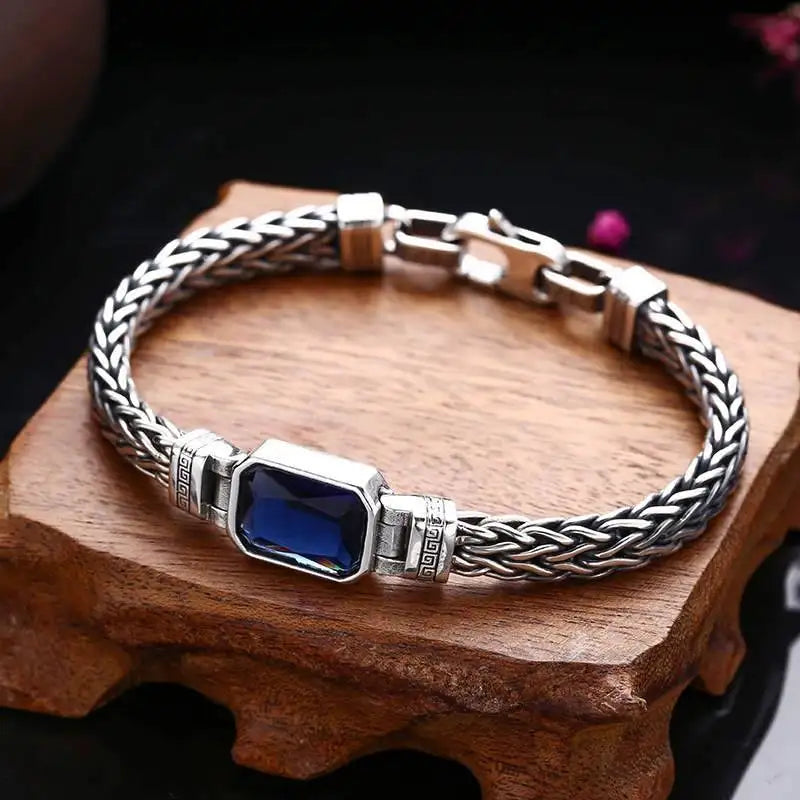 Fashion Retro Punk Stainless Steel Gold Plated Inlaid Blue Zircon Curb Chain Bracelet Unisex Hip Hop Jewelry MegaBDM