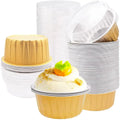Cupcake Baking Cups Aluminium Cupcake Liners 125ml Round Shape Mousse Cake Dessert Cups with Lids Aluminum Foil Gold Container