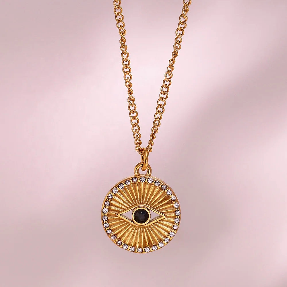 Fashion Rhinestone Jewelry Engraved Sunburst Evil Eye Necklace Gold Plated Stainless Steel Jewelry