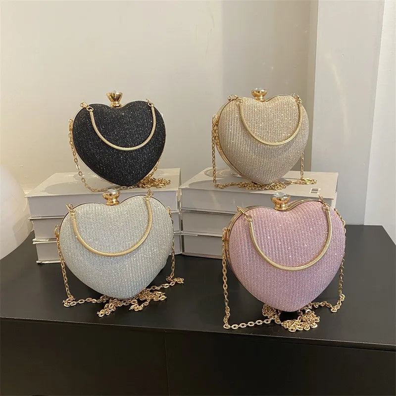 2025 New Fashion Crossbody Bag Soft PU Lining Chain-Linked Heart-Shaped Shoulder Strap Diamond-Inlaid Metal-Portable handbags