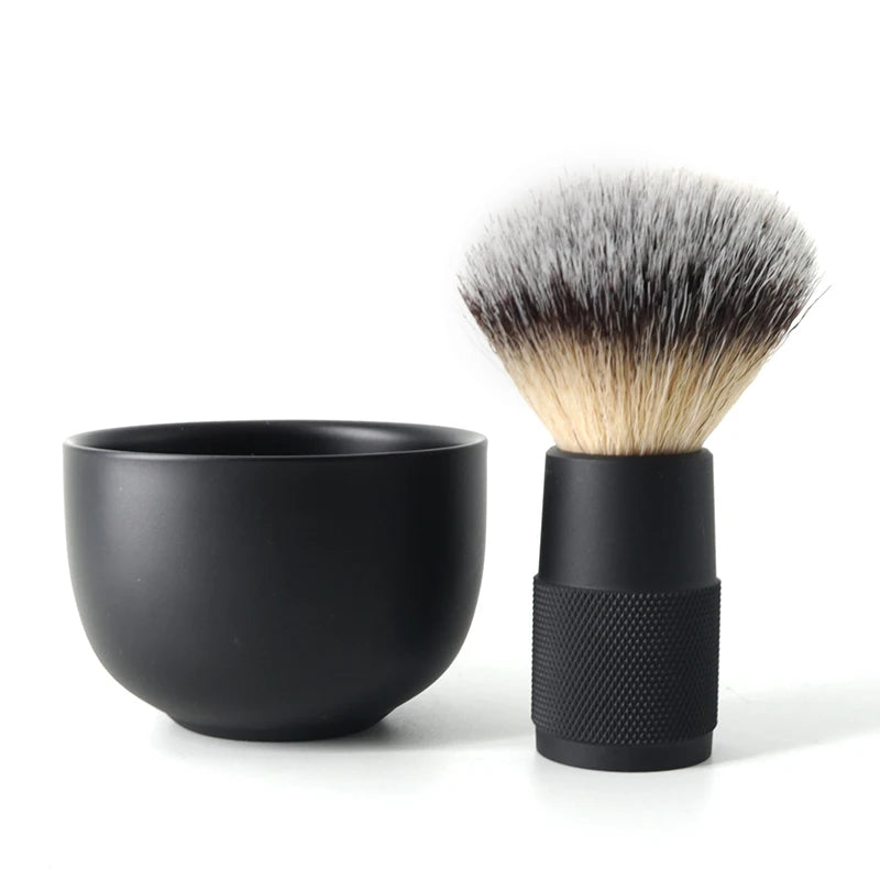 Factory Black Stainless Steel Shaving Mug and Brush Set Private Label Metal Men Grooming Shaving Brush Foaming Bowl Kit