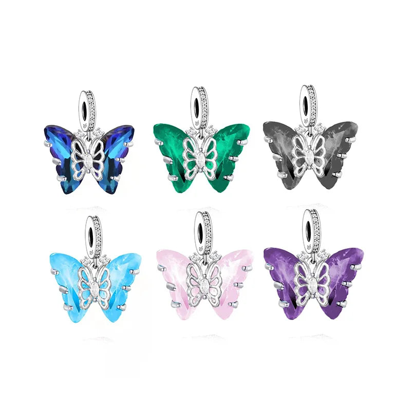 New 925 Sterling Silver Colorful Murano Stone Butterfly Dangle Beads Charm Fit Bracelets Jewelry Making