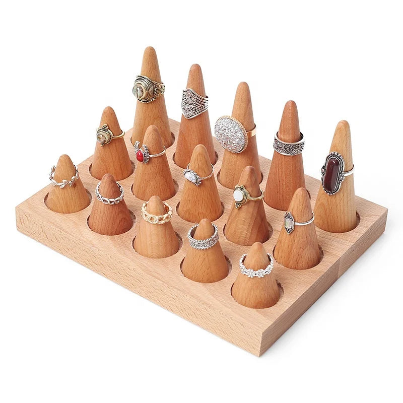 Solid Wood Cone Ring Holder Stand Multi-Slot Wooden Ring Organizer for Home Storage & Retail Shop