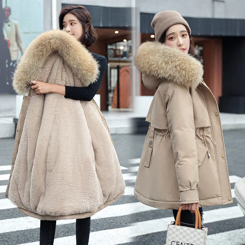 Women 2023 Winter Padded Coat Casual Mid Long Women's Warm Quilted Jacket Loose Long Sleeve Zipper Hooded  Big Fur Collar Coat