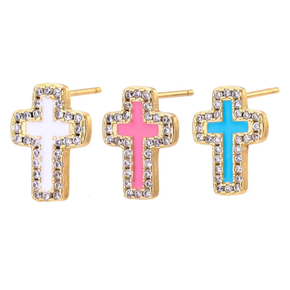 2022 Fashion 18K Gold Plated Brass Cross Stud Earrings with Zircon Stones Trendy Wedding & Gift Jewelry for Women