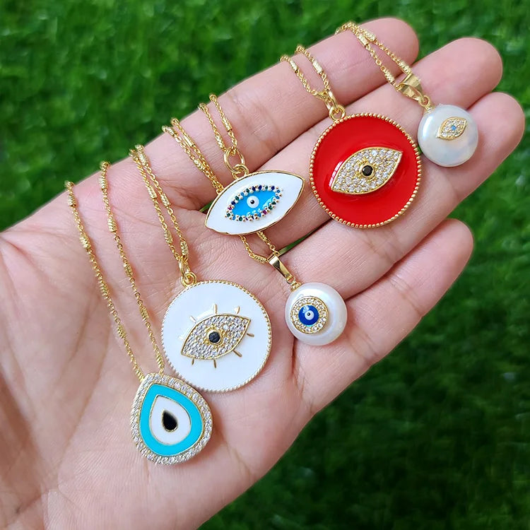 NZ1242 New Chic Dainty Gold Enamel CZ Paved Freshwater Pearl Greek Evil Eye Pendant Chain Protection Necklace for Ladies Women
