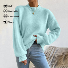 Casual Ladies Winter Merino Wool Sweater Green Round Neck Drop Shoulder Loose Plain Knit Rib Wear for Everyday Use