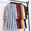 Vintage Floral Print Chiffon Long Dress Summer Women Long Sleeved Casual Pleated Midi Dresses