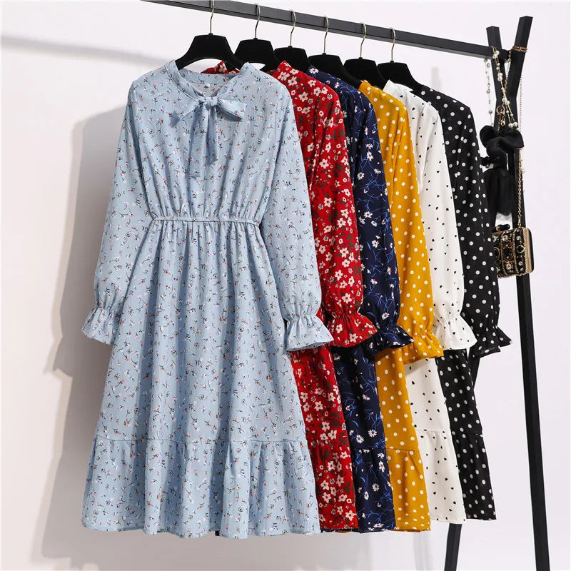 Vintage Floral Print Chiffon Long Dress Summer Women Long Sleeved Casual Pleated Midi Dresses