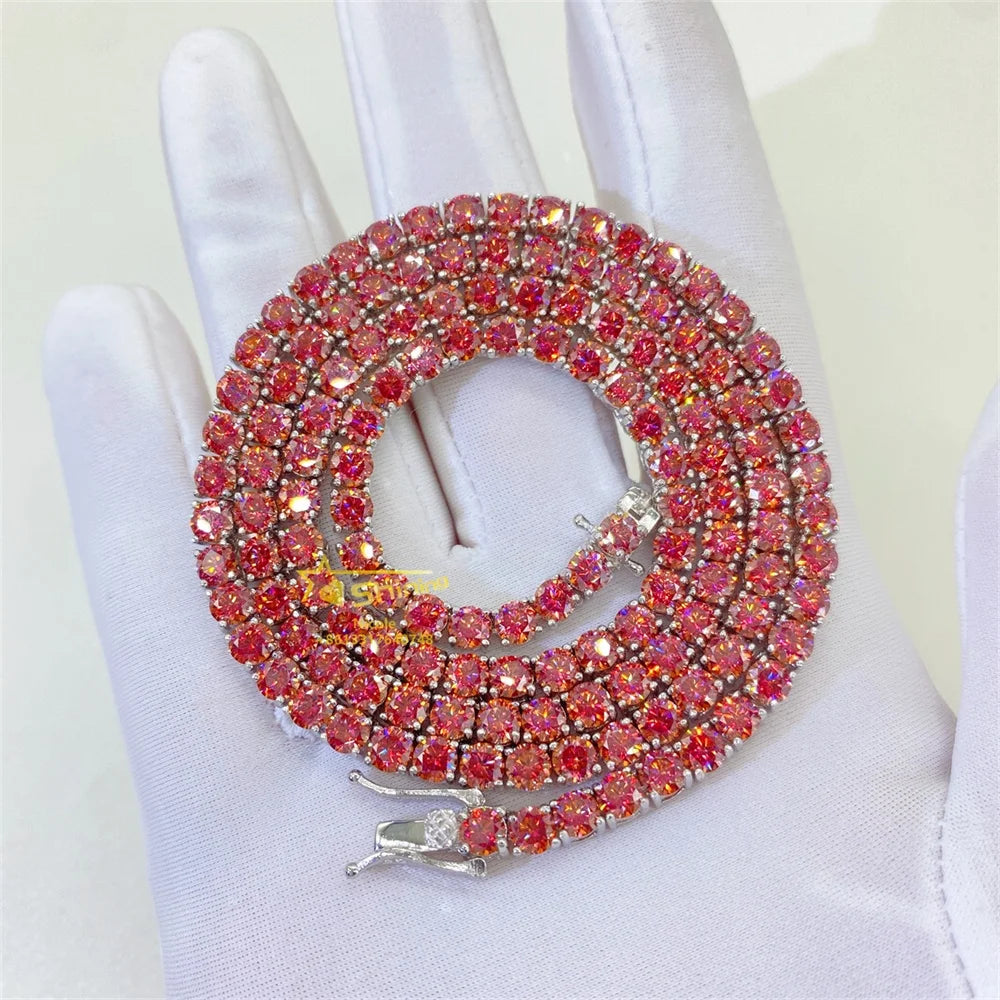 Hip Hop Fashion Factory Directly 925 Sterling Silver 3mm 4mm Tennis Necklace Bracelet Colorful Red Moissanite Tennis Chain