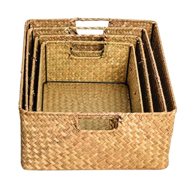 Factory Rectangular Sea Grass Woven Storage Basket Straw Baskets with Cut-out Handles Natural Single Customized Toys Organizer