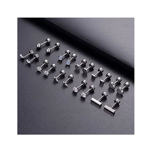 Tiny Stud Earring Set Stainless Steel Heart Cross Star Triangle Moon Ball Disc CZ Geometric Small Screw Flat Back Stud Earrings