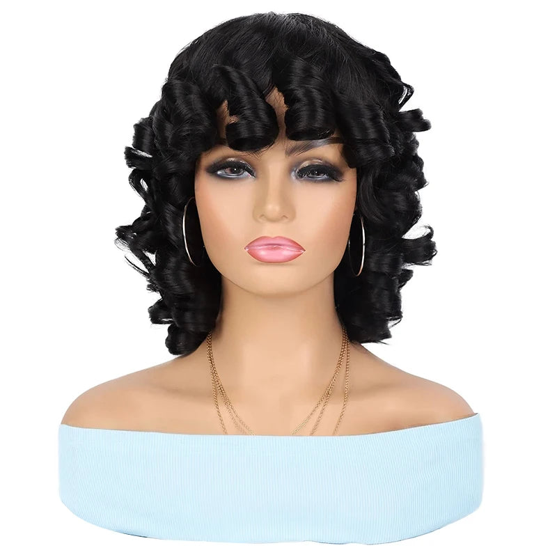 Synthetic Loose Big Curly Wigs With Bangs for Women Bouncy Curly Wigs Short Afro Curly Wigs for Daily Party Use