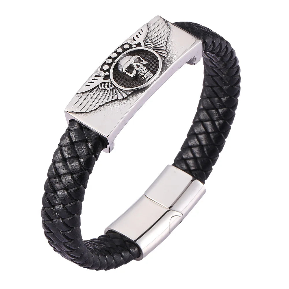 Wholesale Devil Skull Real Leather Woven Bracelet for Men Custom Logo Stainless Steel Magnetic Clasp Bracelet