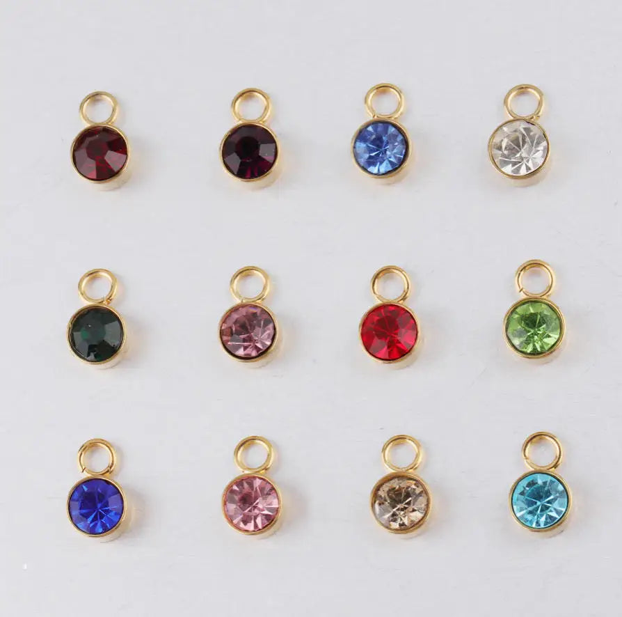 Jietao 6mm Stainless Steel 18k PVD Gold No Fade Fashion Rhinestone Pendant Birthstone Charms for Jewelry Making Accessories