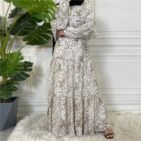 Middle East Dubai's New Muslim Long-sleeved Lined Printed Lace-up Women's Long Skirt With Wide Swing Dress