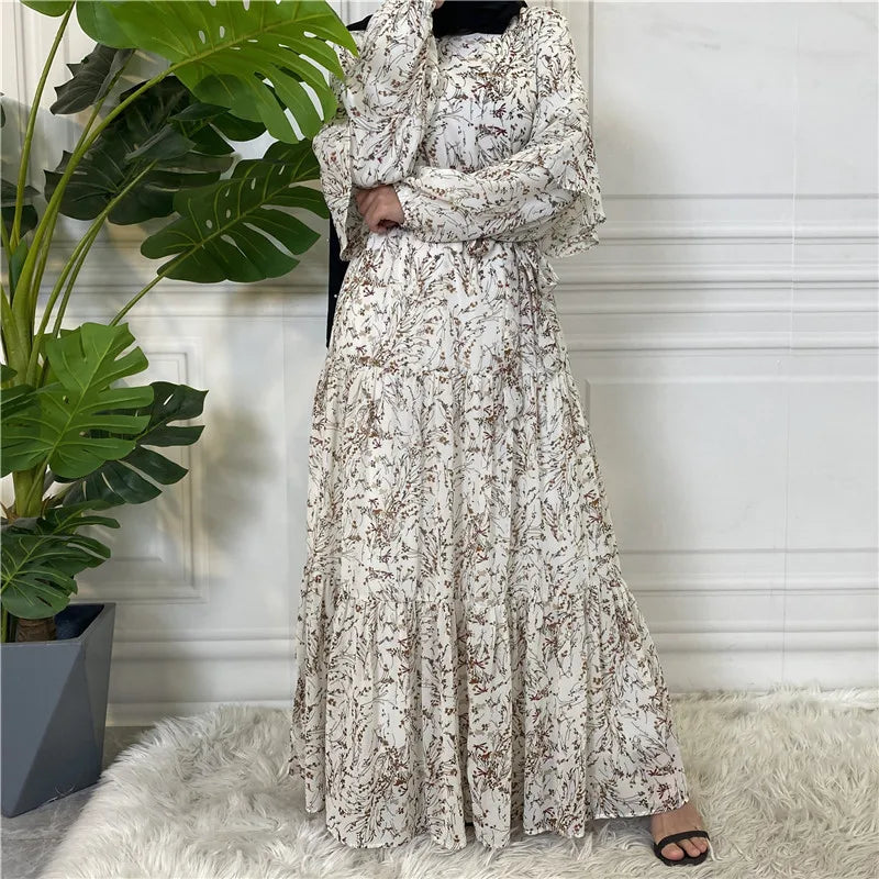 Middle East Dubai's New Muslim Long-sleeved Lined Printed Lace-up Women's Long Skirt With Wide Swing Dress