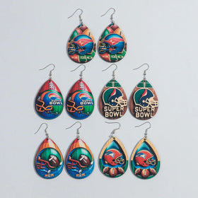 Wholesale Popular Super Sport Bowl Games Party Jewelry American Football Helmets T-shirts Geometric Print Wood Dangle Earrings
