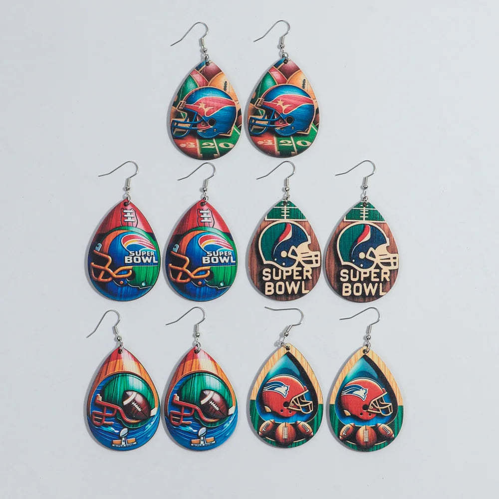 Wholesale Popular Super Sport Bowl Games Party Jewelry American Football Helmets T-shirts Geometric Print Wood Dangle Earrings
