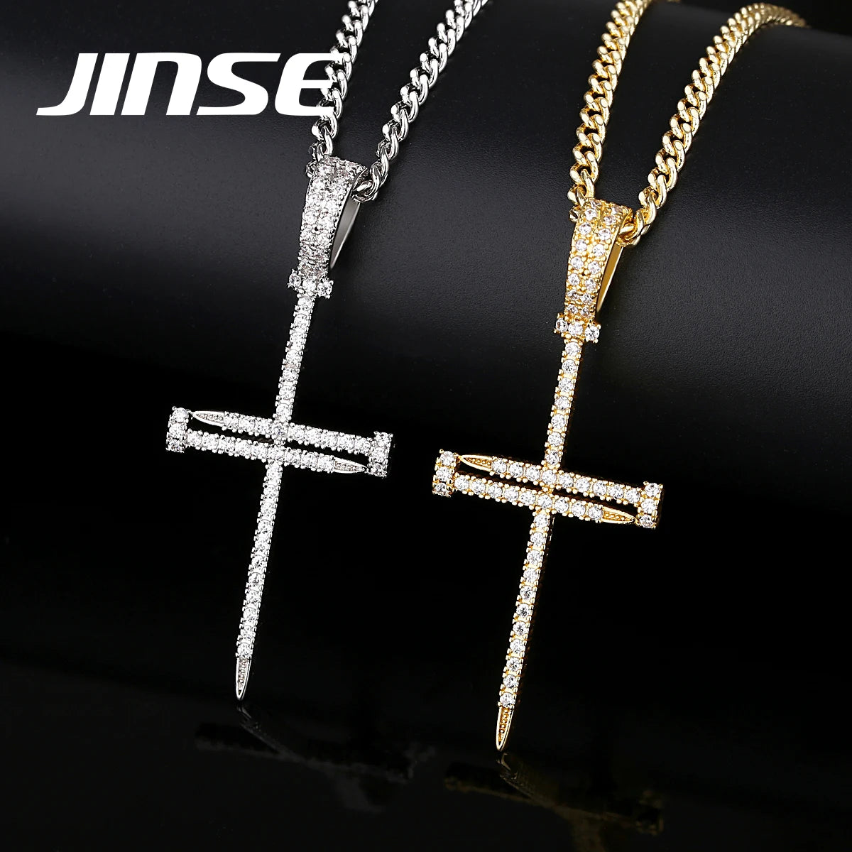 JINSE Holy Cross Pendant Necklace Double Color Plated Hip-Hop Men Link Chain Necklace Wholesale
