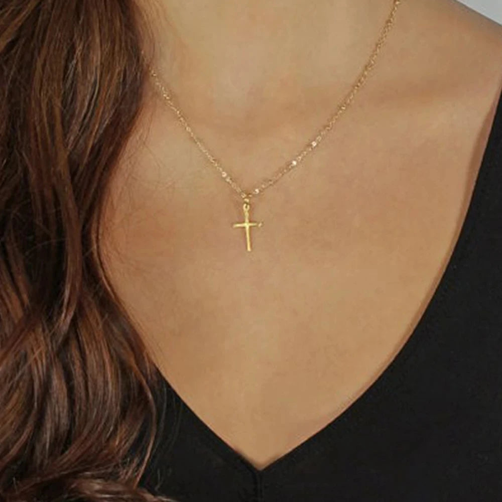 Fashion Small Fresh Cross Pendant 14K Gold Plated Necklace Clavicle Chain for Women