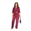 2026 Casual Female Short Sleeve Drawstring Crop Top Wide Leg Pants 2 Piece Pants Set Tracksuit Office Outfits