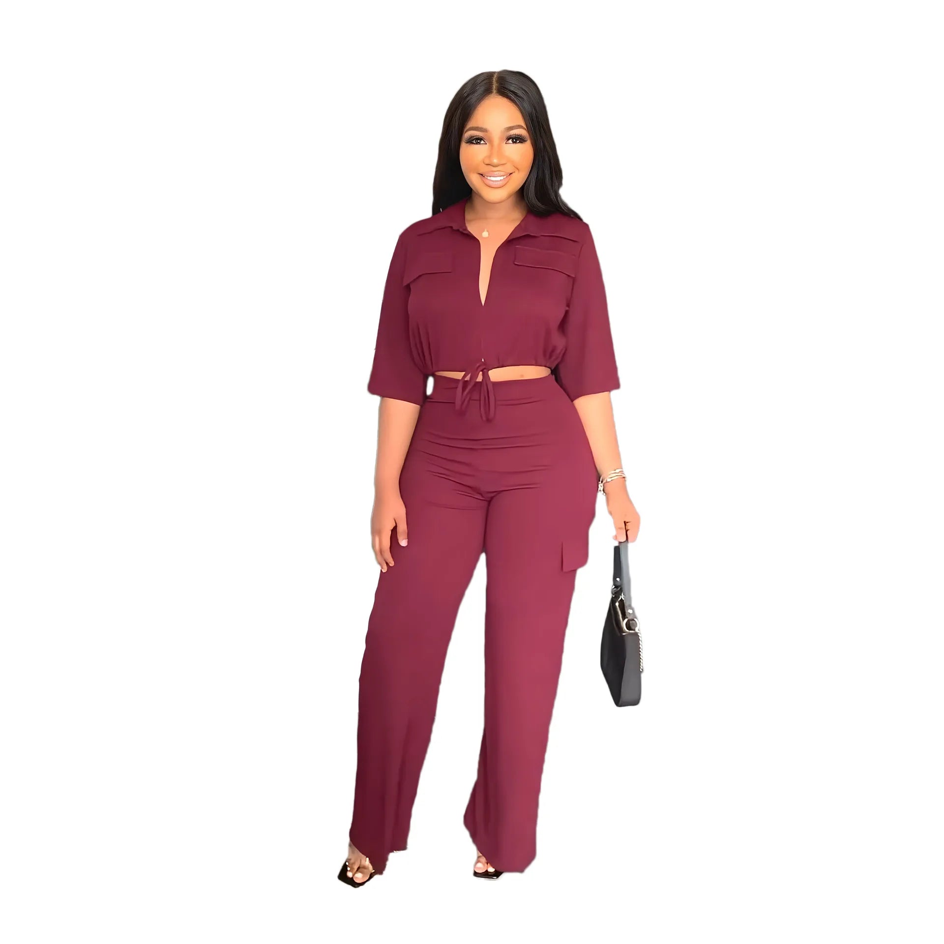 2026 Casual Female Short Sleeve Drawstring Crop Top Wide Leg Pants 2 Piece Pants Set Tracksuit Office Outfits