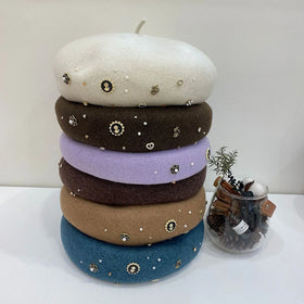 Wholesale Women Winter Wool Beret French Style Hat Pearl & Emblem Decor Support Custom Logo