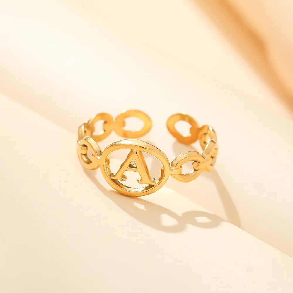 RisingMoon Fashion 18K Gold Plated Ring 26 Letters Ring Opening Adjustable Stainless Steel Ring for Woman Man