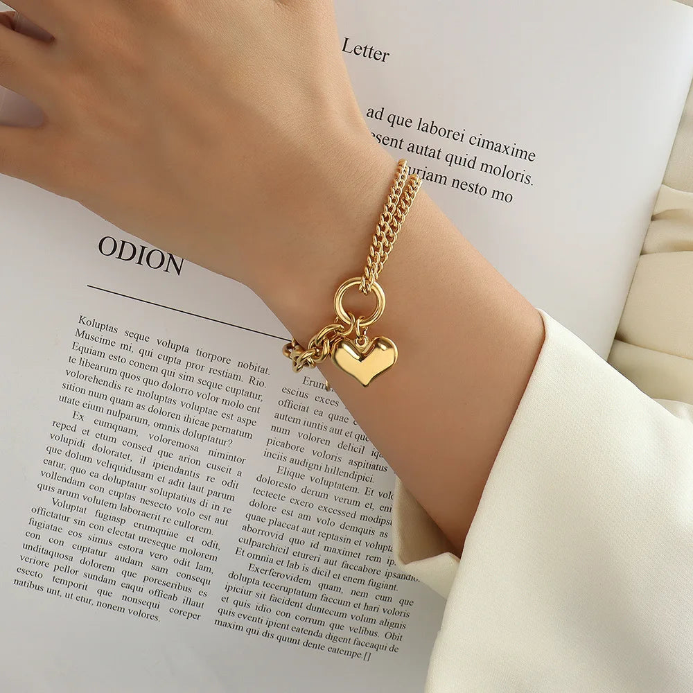Fashion 18K Gold Plated Double Cuban Chain Splicing Paperclip Chunky Chain Stainless Steel Heart Pendant Bracelet for Women
