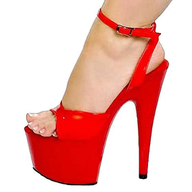Red Peep Women's Super High Heel Sandals 17 cm Thin Heel Large Buckle Pole Dance Shoes Sexy Nightclub Exotic Dancer for Summer