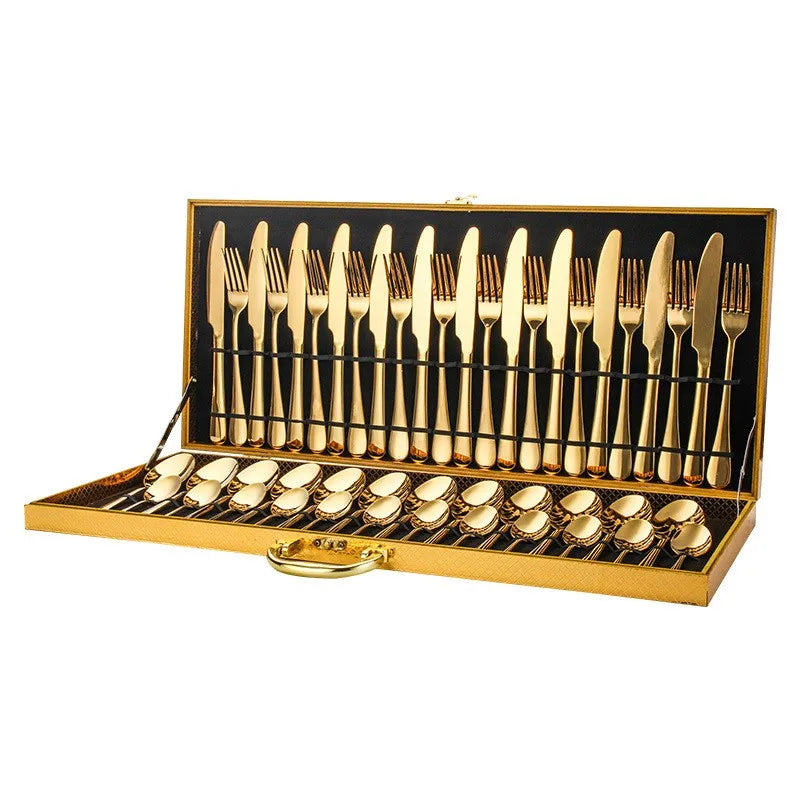 48pcs Wooden Case Shiny Gold Plated Stainless Steel Cutlery Set Golden Flatware Set