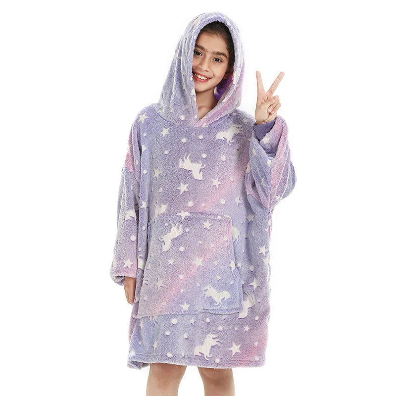 New Luminous Thickened Plush Pajamas and TV Blanket Unicorn Flannel Hooded Cover Fashionable Accessories