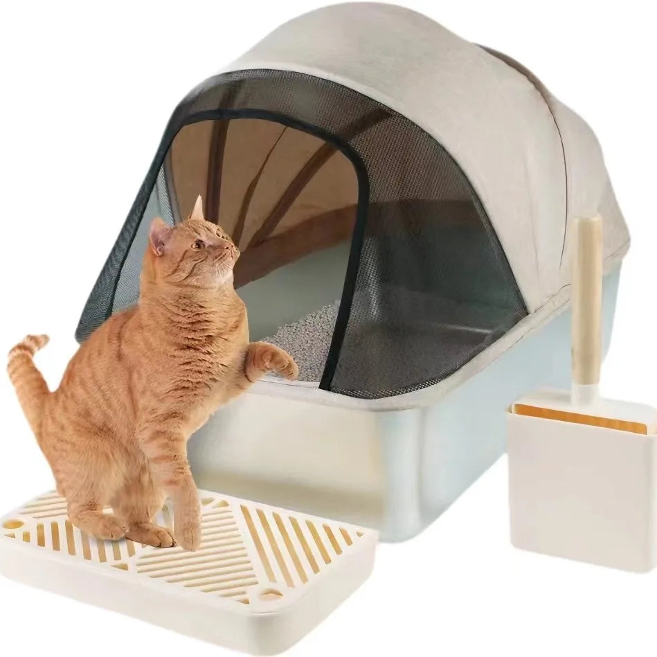 Large Capacity Storagel Fabric Covered With Lid Pet Cats Toilet Portable Stainless Steel Cat Litter Box Cat Toilet Furniture