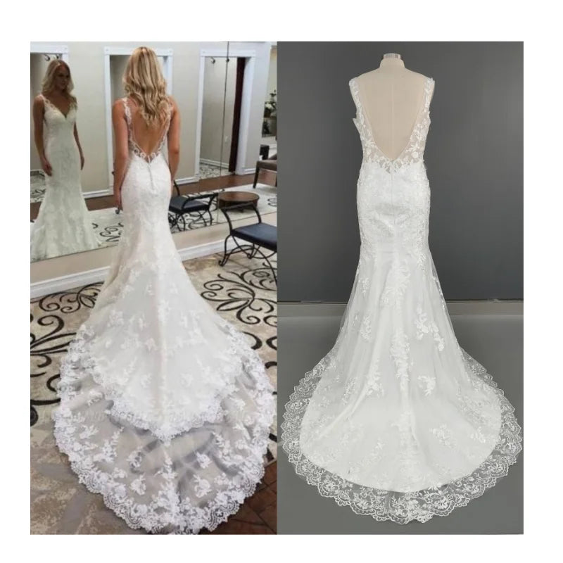 12626# Custom Exquisite V-neck Backless Spaghetti Straps Mermaid Wedding Dress for Women Bridal Gown Prom Party Evening Dresses