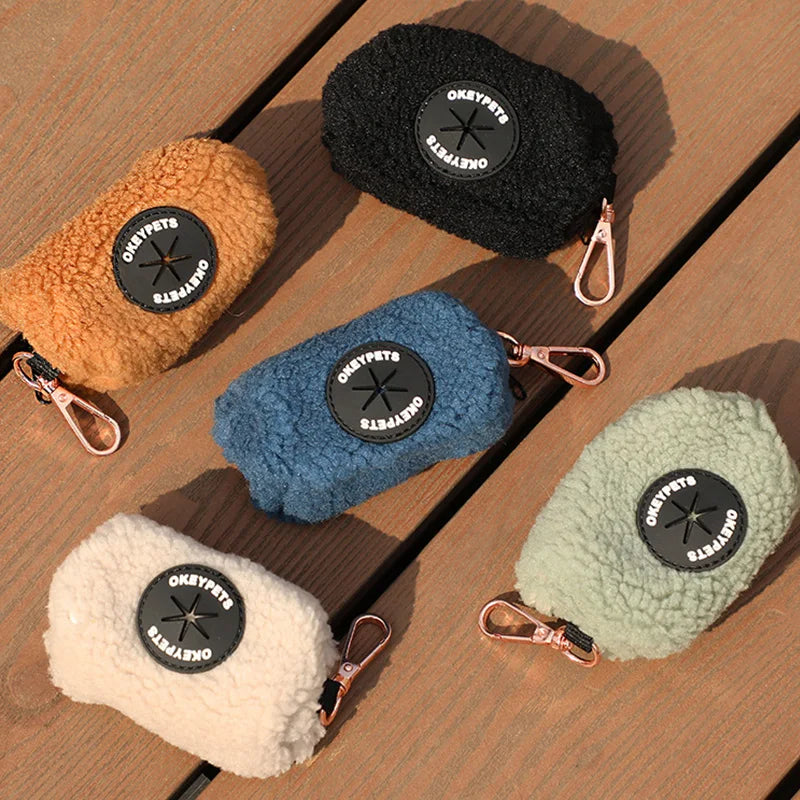 Okeypets Wholesale Custom logo Sherpa Dog Poop Bag Holder Outdoor Portable Lamb Fleece Dog Poop Bag Dispenser