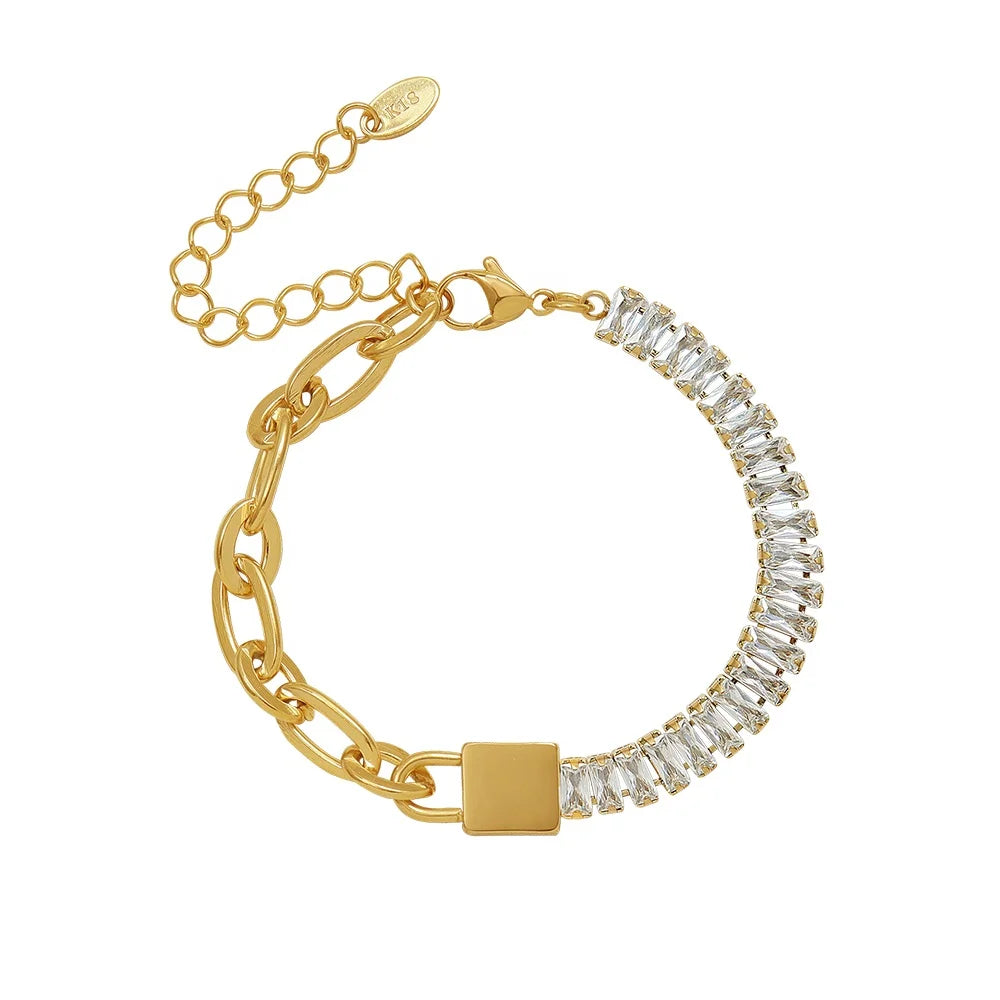 18K Gold Female Jewelry Ins Simple Cold Style Lock Head Zircon Splicing Bracelet Titanium Steel Plated Fashionable Bangles