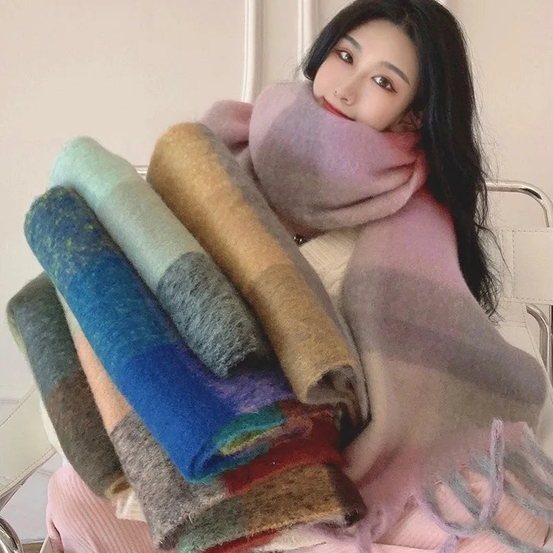 Autumn and Winter New Custom European and American Plaid Scarf Women's Fashion Contrasting Color Warm Thickened Shawl Scarf