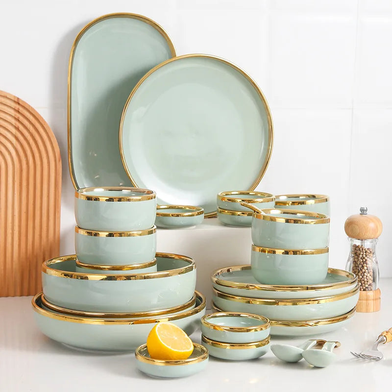New Products Ceramic Dinnerware Sets Luxury Plates Gold Inlay Modern Light Green for Home & Wedding Use