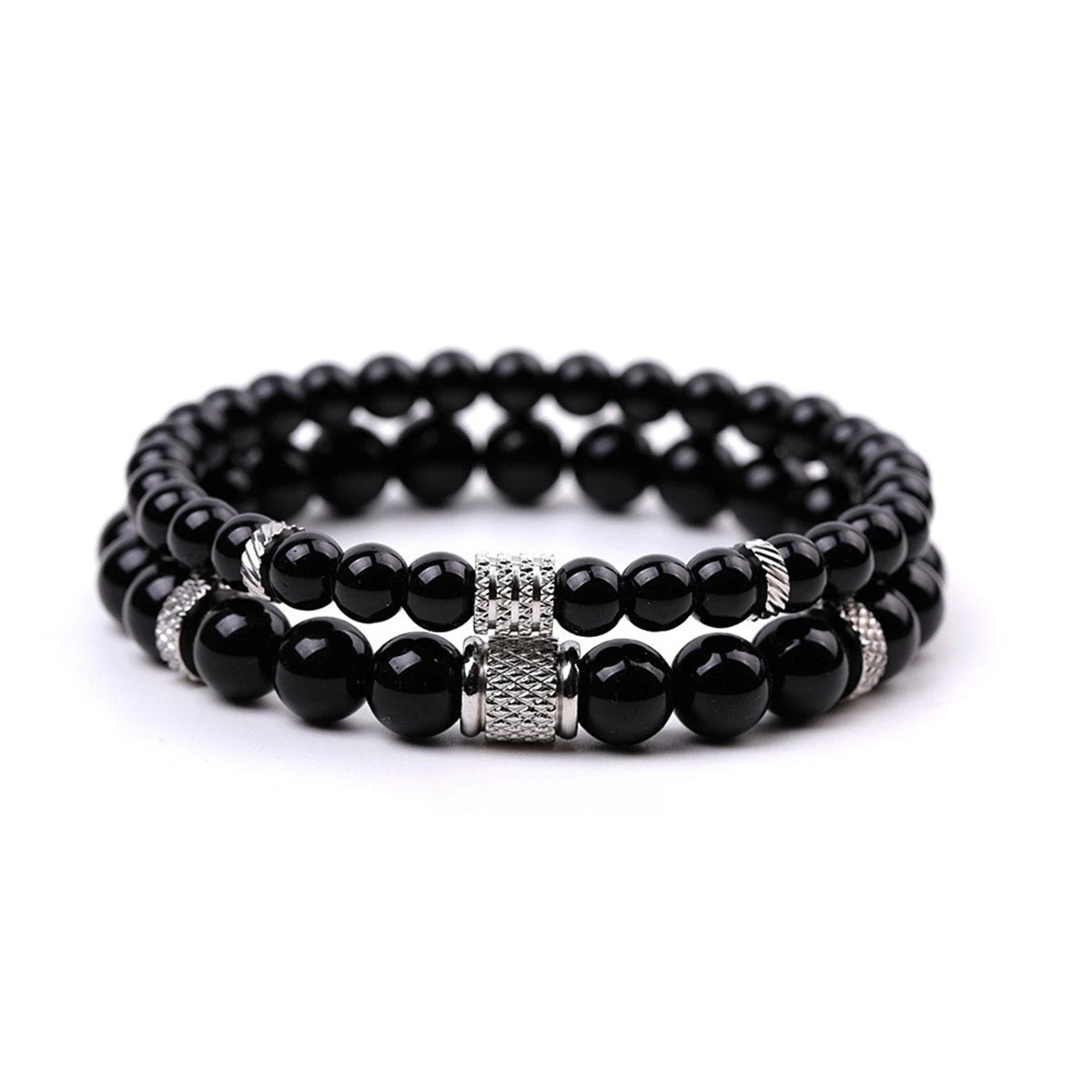 Hot Sale 6MM 8MM Obsidian Stone Beads Elastic Bracelet Set Stainless Steel Accessory Simple Love's Bracelet Gift for Men Women