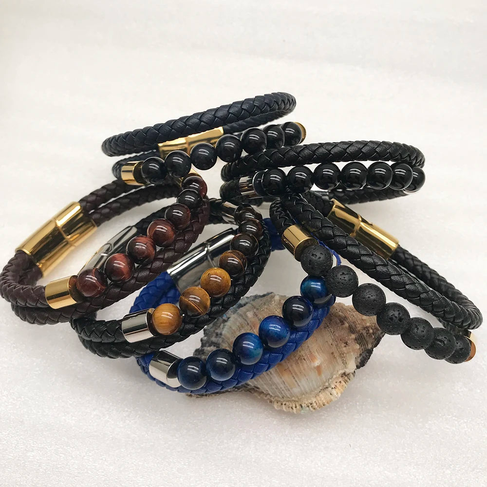 Exquisite Men Women 8mm  Leather Natural Tigers Black Onyx Stone Stretch Beaded Bracelet