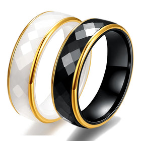 Wholesale 6MM 18K Gold Plated Stainless Steel Rhomb Cutting O Ceramic Ring Black White Engagement Ceramic Couples Rings