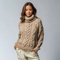 Women's Casual Chunky Cable Knit Turtleneck Winter Pullover Thick Wool Blend Sweater with Front Logo