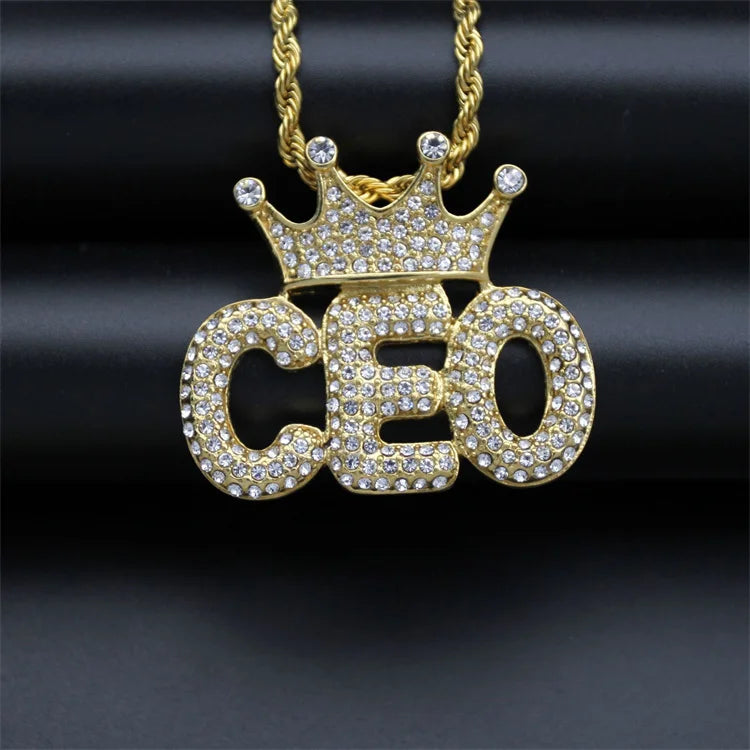 Custom CEO Crown Iceded Out Letter Name Necklace Stainless Steel Diamond Cz Hip Hops Gold Jewelry