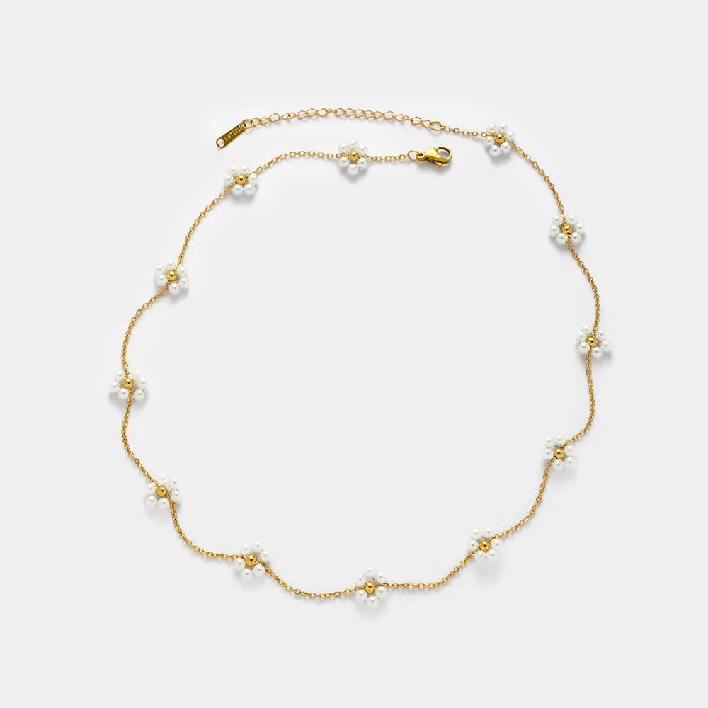 Fashion High End 18K Gold Plated Stainless Steel Waterproof Pearl Bead Flower Choker Necklace Bracelet Waist Chains YF4068