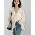 Spring Summer 2025 V Neck Lace up Mid Length Woman Shirts Women Shirt Loose Casual Ruffled Edges Female Blouses